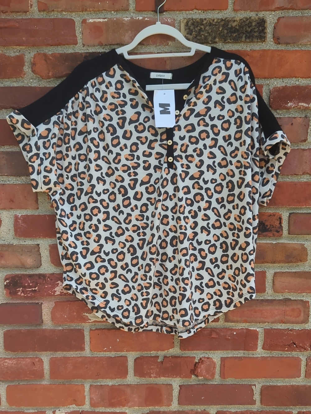 Cherish Leopard-Print Short Sleeve Blouse with Black Shoulders